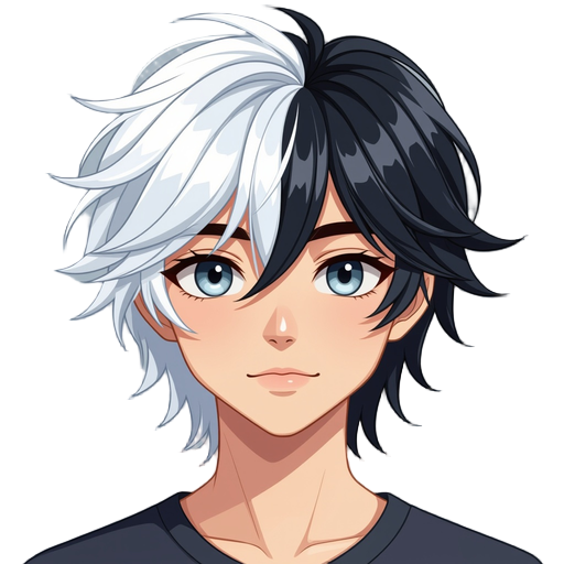 anime style portrait of a young androgynous character with medium-length hair that is half white and half black, split vertically. the white part is fluffy and layered, the black part is smooth and slightly longer. the character has light skin, gray eyes,