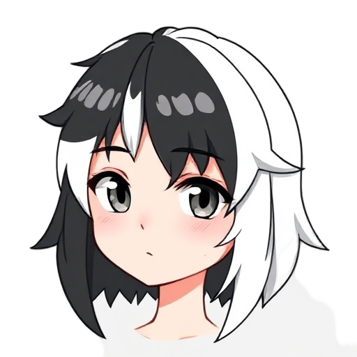 anime style portrait of a young androgynous character with medium-length hair that is half white and half black, split vertically. the white part is fluffy and layered, the black part is smooth and slightly longer. the character has light skin, gray eyes,