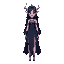 the godess of night, wearing a dark blue dress and silver acessories