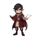 rpg character, classe assasin, with a adague and a magic book(bronw wtih white paper) with 2d sideways