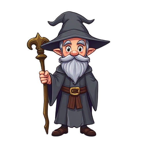 a cute wizard with gray robe and staff