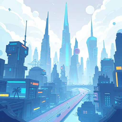 quiero un fondo para un juego como oneshot el cual sea de una ciudad futurista en la cual los colores principales sea el blanco y otros elementos con el azul