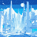 un fondo para un juego como oneshot o omori de una ciudad futurista la cual sea principalmente blanca y de color secundario el azul