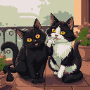 two cats playing on the terrace, both have yellow eyes but one cat is male and has all black fur and the other one is a black and white female siberian cat