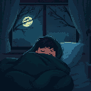 a child is fully covered up wiith a dark green blanket and lying in bed at night, through the window comes a faint moonlight through the branches of the trees