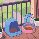 two cat feeders on the balcony, a blue one completely empty and a pink one with a bit of food left in it