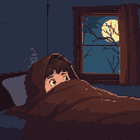 a child is fully covered up wiith a brown blanket and lying in bed at night, through the window on the next wall comes a weak moonlight through the branches of the trees