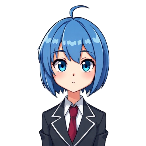 girl, blue hair, short bob hair, suit
