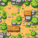 2d game tileset, cartoony style, includes grass, dirt, stone, bushes, and wooden platforms. seamless and modular for platformer games.