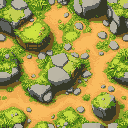 a seamless 2d game tileset featuring vibrant grass, dirt, stone, and natural elements. the tiles should be in a cartoony, hand-painted style, with lush greenery, rocky textures, and floating platforms