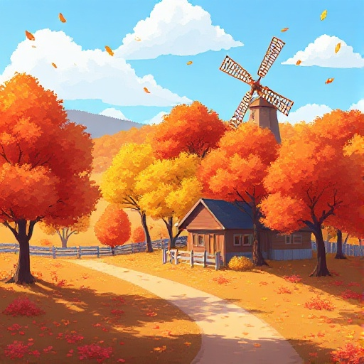 a peaceful pixel countryside with golden-red trees, a farmhouse or windmill, falling autumn leaves, and clear blue skies. use warm, soft pixel lighting to reflect an autumn afternoon