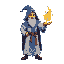 a medieval wizzard with blue and white robes, conjuring a flame ball