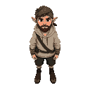 a young male elf with a beard, and a bandana covering his hair. he wears a light hoodie, and shorts. darker colors to allow him to sneak