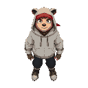 a legendary hero, no helmet, full bear, bandana covering hood, youthful, wears a hoodie with the hood down, 