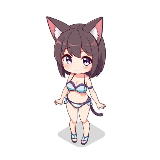 anime girl, cat ears, chibi, isometric, bikini