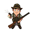 early 30`s guy with a flashlight and a shotgun with a hat