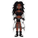 personagem feminina negra ,estilo rebelde, cabelo dreadlocks pretos, abdômen forte, usa um top preto, casaco volumoso branco,  acessórios corrente de munição. postura séria confiante. ela é um pouco mais gordinha e o casaco maior. 