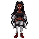 personagem feminina negra ,estilo rebelde, cabelo dreadlocks pretos, abdômen forte, usa um top preto, casaco volumoso branco,  acessórios corrente de munição. postura séria confiante. ela é um pouco mais gordinha e o casaco maior. calça vermelho, casaco f