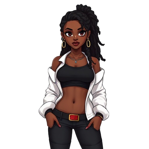 personagem feminina negra ,estilo rebelde, cabelo dreadlocks pretos, abdômen forte, usa um top preto, casaco volumoso branco,  acessórios corrente de munição. postura séria confiante. ela é um pouco mais gordinha e o casaco maior. calça vermelho, casaco f
