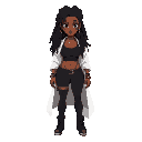 personagem feminina negra ,estilo rebelde, cabelo dreadlocks pretos, abdômen forte, usa um top preto, casaco volumoso branco,  acessórios corrente de munição. postura séria confiante. ela é um pouco mais gordinha e o casaco maior. 