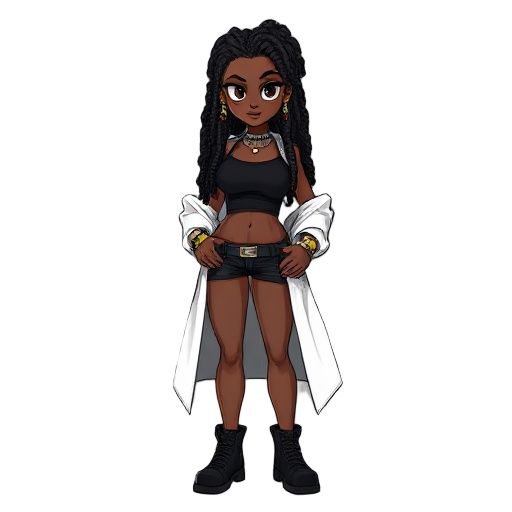 personagem feminina negra ,estilo rebelde, cabelo dreadlocks pretos, abdômen forte, usa um top preto, casaco volumoso branco,  acessórios corrente de munição. postura séria confiante. ela é um pouco mais gordinha e o casaco maior. 