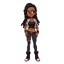 personagem feminina estilo rebelde, cabelo dreadlocks pretos, abdômen forte, usa um top preto,calça vermelha, casaco volumoso branco,  acessórios corrente de munição 