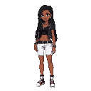 personagem feminina estilo rebelde, cabelo dreadlocks pretos, abdômen forte, usa um top preto, casaco volumoso branco,  acessórios corrente de munição. postura séria confiante. ela é um pouco mais gordinha e o casaco maior. calça vermelho, casaco felpudo 