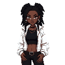 personagem feminina negra ,estilo rebelde, cabelo dreadlocks pretos, abdômen forte, usa um top preto, casaco volumoso branco,  acessórios corrente de munição. postura séria confiante. ela é um pouco mais gordinha e o casaco maior. 