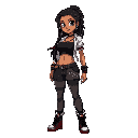 personagem feminina estilo rebelde, cabelo dreadlocks pretos, abdômen forte, usa um top preto, casaco volumoso branco,  acessórios corrente de munição. postura séria confiante. ela é um pouco mais gordinha e o casaco maior. calça vermelho, casaco felpudo 