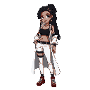personagem feminina estilo rebelde, cabelo dreadlocks pretos, abdômen forte, usa um top preto,calça vermelha, casaco volumoso branco,  acessórios corrente de munição. postura séria confiante. ela é um pouco mais gordinha e o casaco maior.