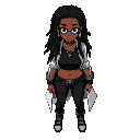 personagem feminina negra ,estilo rebelde, cabelo dreadlocks pretos, abdômen forte, usa um top preto, casaco volumoso branco,  acessórios corrente de munição. postura séria confiante. ela é um pouco mais gordinha e o casaco maior. 