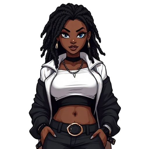personagem feminina negra ,estilo rebelde, cabelo dreadlocks pretos, abdômen forte, usa um top preto, casaco volumoso branco,  acessórios corrente de munição. postura séria confiante. ela é um pouco mais gordinha e o casaco maior. 