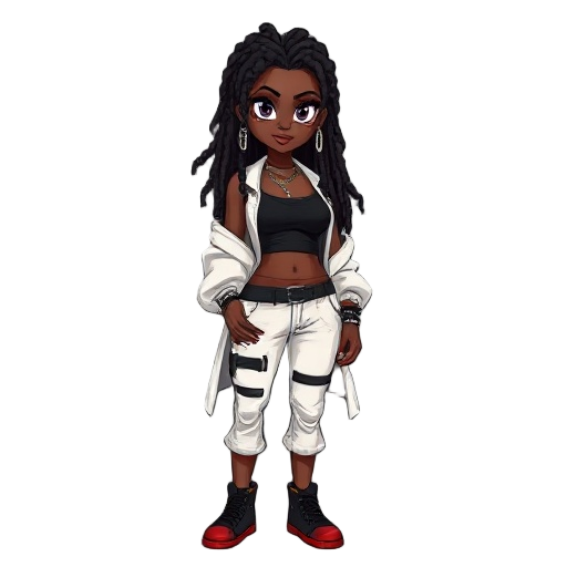 personagem feminina negra ,estilo rebelde, cabelo dreadlocks pretos, abdômen forte, usa um top preto, casaco volumoso branco,  acessórios corrente de munição. postura séria confiante. ela é um pouco mais gordinha e o casaco maior. calça vermelho, casaco f
