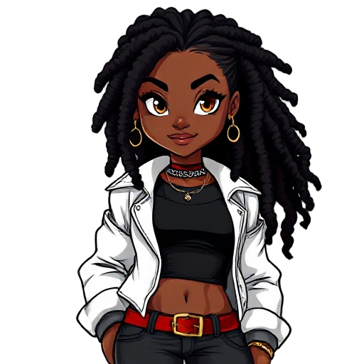 personagem feminina negra ,estilo rebelde, cabelo dreadlocks pretos, abdômen forte, usa um top preto, casaco volumoso branco,  acessórios corrente de munição. postura séria confiante. ela é um pouco mais gordinha e o casaco maior. calça vermelho, casaco f