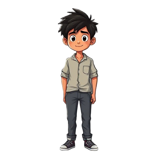 vector art style image of an ordinary boy. indian, age 19, messy hair, shirt and pants.