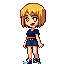 chica anime rubia de pelo corto, ojos amarillos y dientes afilados; viste top y shorts negros, zapatillas