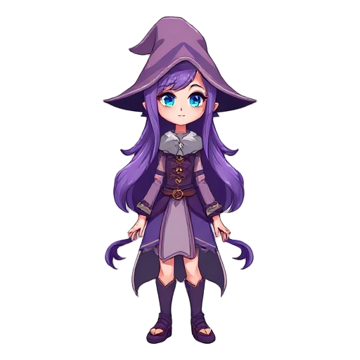 wizard female, purple hair, blue eyes