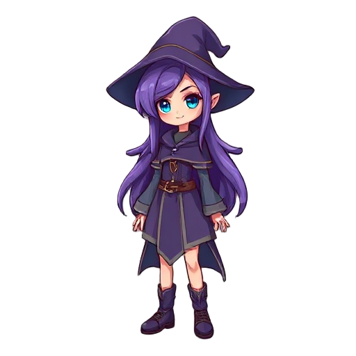 wizard female, purple hair, blue eyes