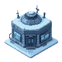 isometric front view, futuristic polar hub building, metallic insulated walls, glowing blue neon signs on facade, snowy rooftop, antennas, reinforced entrance, snowy ground, retro 16-bit style, exterior view only.