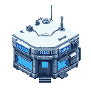 isometric front view, futuristic polar canteen building, metallic insulated walls, glowing blue neon signs on facade, snowy rooftop, antennas, reinforced entrance, snowy ground, retro 16-bit style, exterior view only.