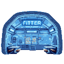 orthographic front view, futuristic polar canteen, sleek metallic walls, glowing blue neon signs, large windows, food dispensers, benches and tables inside, snowy ground, retro 16-bit style.
