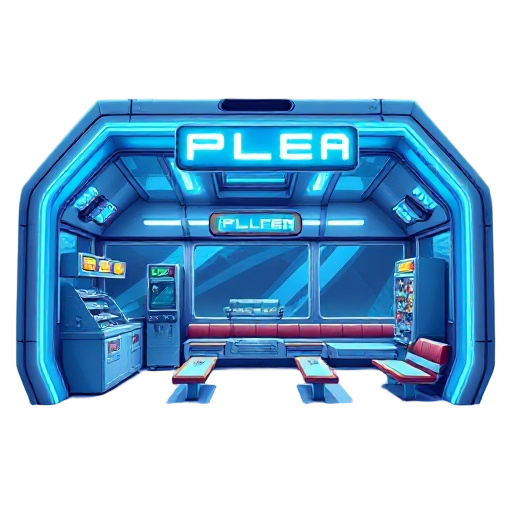 orthographic front view, futuristic polar canteen, sleek metallic walls, glowing blue neon signs, large windows, food dispensers, benches and tables inside, snowy ground, retro 16-bit style.