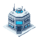 isometric front view, futuristic polar hub building, metallic insulated walls, glowing blue neon signs on facade, snowy rooftop, antennas, reinforced entrance, snowy ground, retro 16-bit style, exterior view only, cross shaped building.