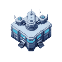 isometric top-down view, futuristic polar hub building shaped like a cross, metallic insulated walls, glowing blue neon signs on facade, snowy rooftops, antennas, reinforced entrances on each wing, snowy ground, retro 16-bit style, exterior view only.