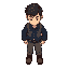 top-down view, young male miner, cute style, simple dark blue work clothes, gray pants, brown boots, short dark brown hair, facing downward, standing idle