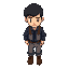 top-down view, young male miner, cute style, simple dark blue work clothes, gray pants, brown boots, short dark brown hair, facing downward, standing idle