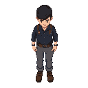 top-down view, young male miner, cute style, simple dark blue work clothes, gray pants, brown boots, short dark brown hair, facing downward, standing idle