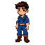 top-down view, young male miner, cute style, simple dark blue work clothes, gray pants, brown boots, short dark brown hair, facing downward, standing idle