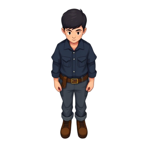 top-down view, young male miner, cute style, simple dark blue work clothes, gray pants, brown boots, short dark brown hair, no weapon, facing downward, standing idle, retro rpg feel