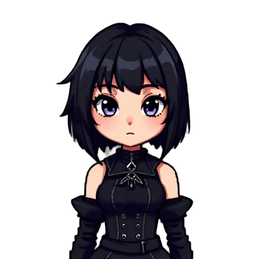 64 bit 2d female pixel character full body model black hair gothic outfit,